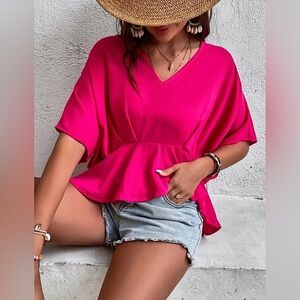 HOT PINK PEPLUM BATWING SLEEVE BLOUSE WOMENS
